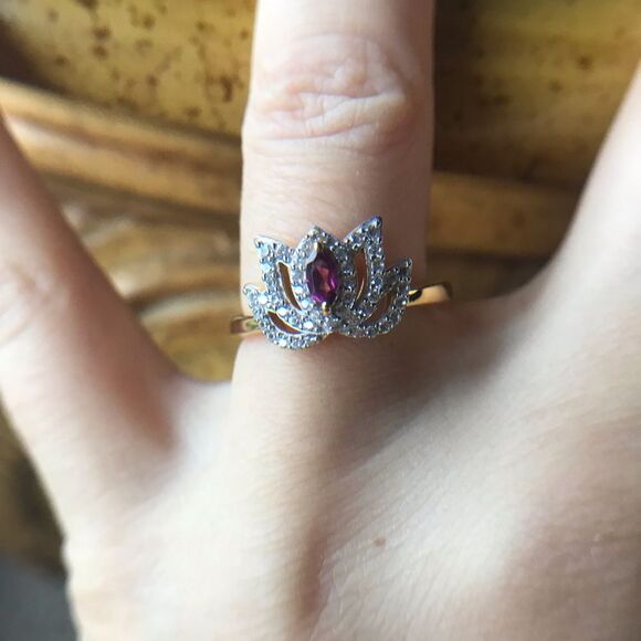 Natural Rhodolite Garnet Sterling Silver 18k Yellow Gold Vermeil Lotus Ring - Picture 8 of 9